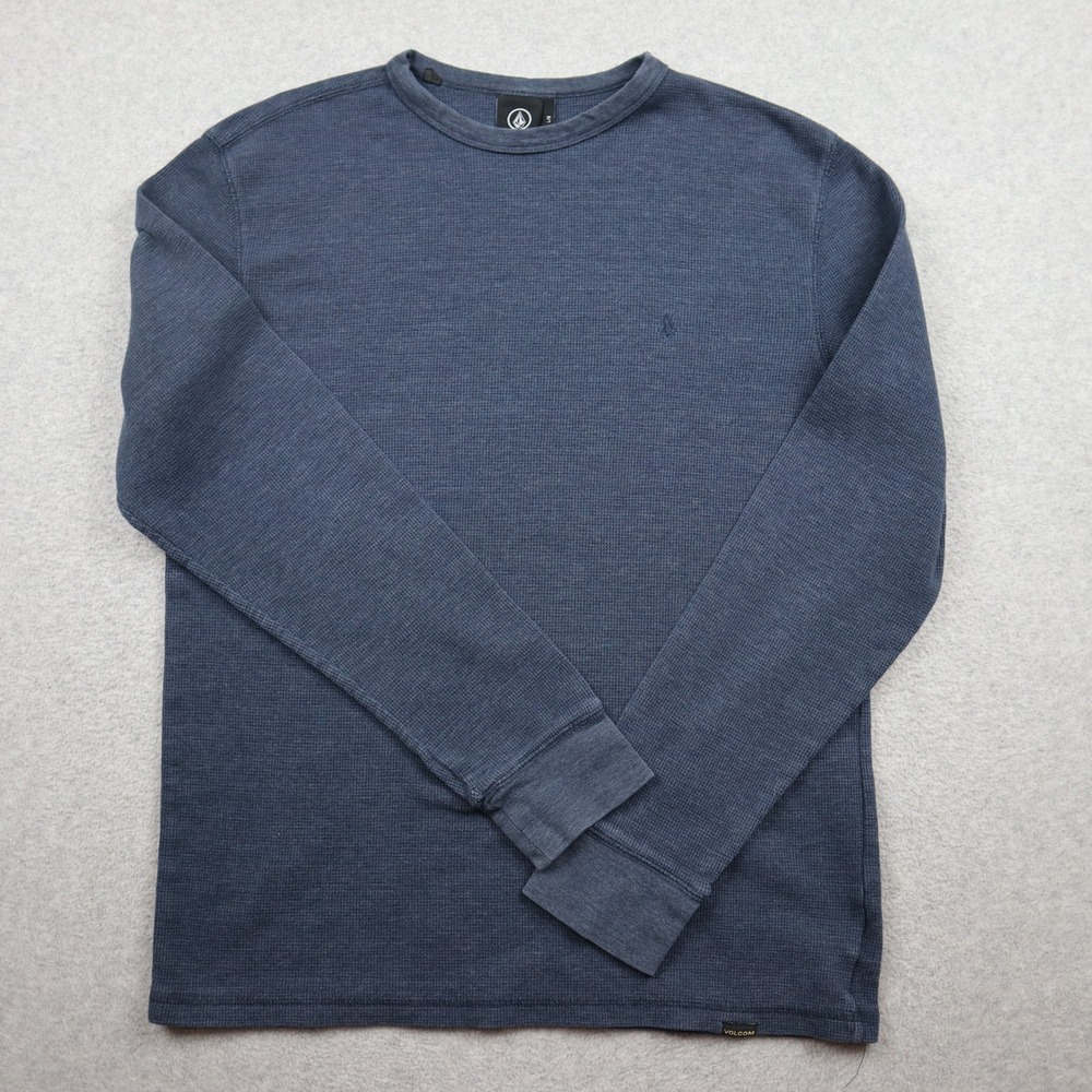 Volcom Shirt Mens Large Waffle Knit Thermal Blue Long Sleeve Crew Neck Casual